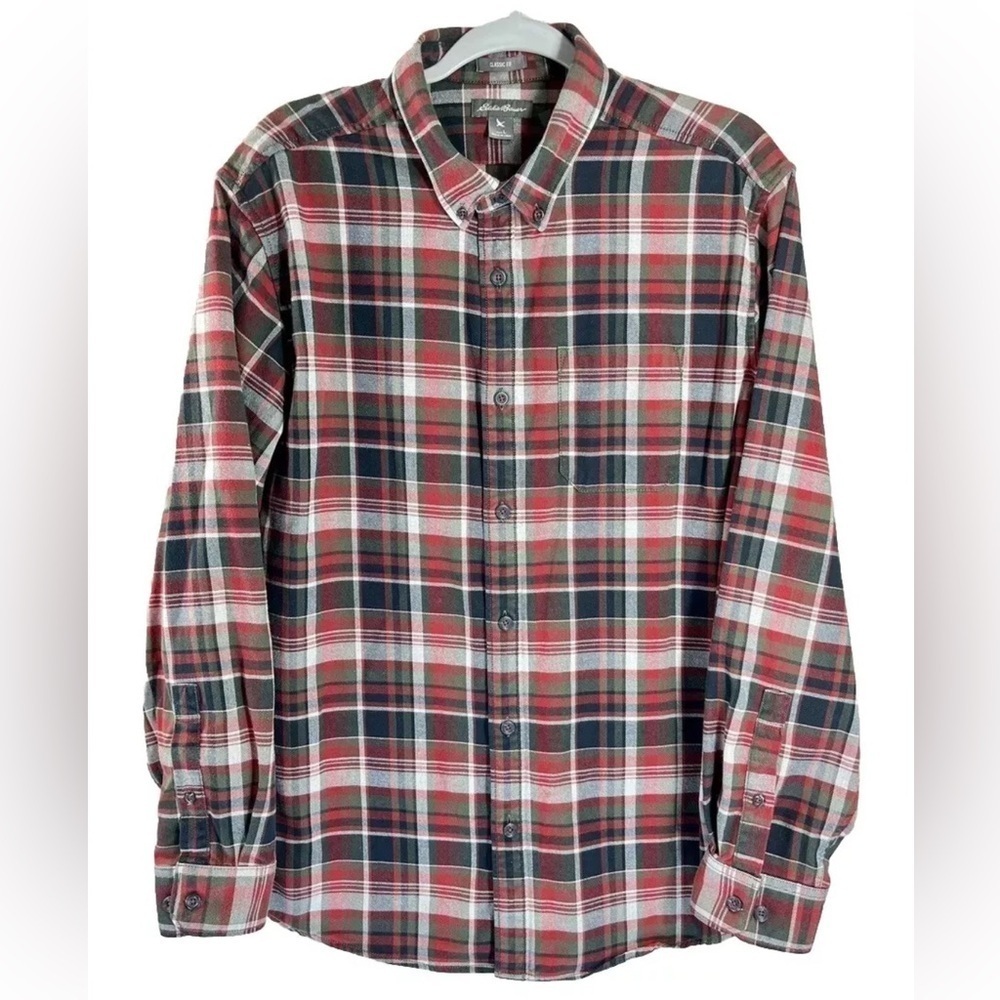 Eddie Bauer Mens Large Classic Fit Shirt Button Front Pocket Flannel Plaid Red